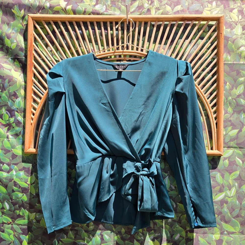 Adiva Teal Green Satin Puff Sleeve Wrap Peplum Blouse Top Small